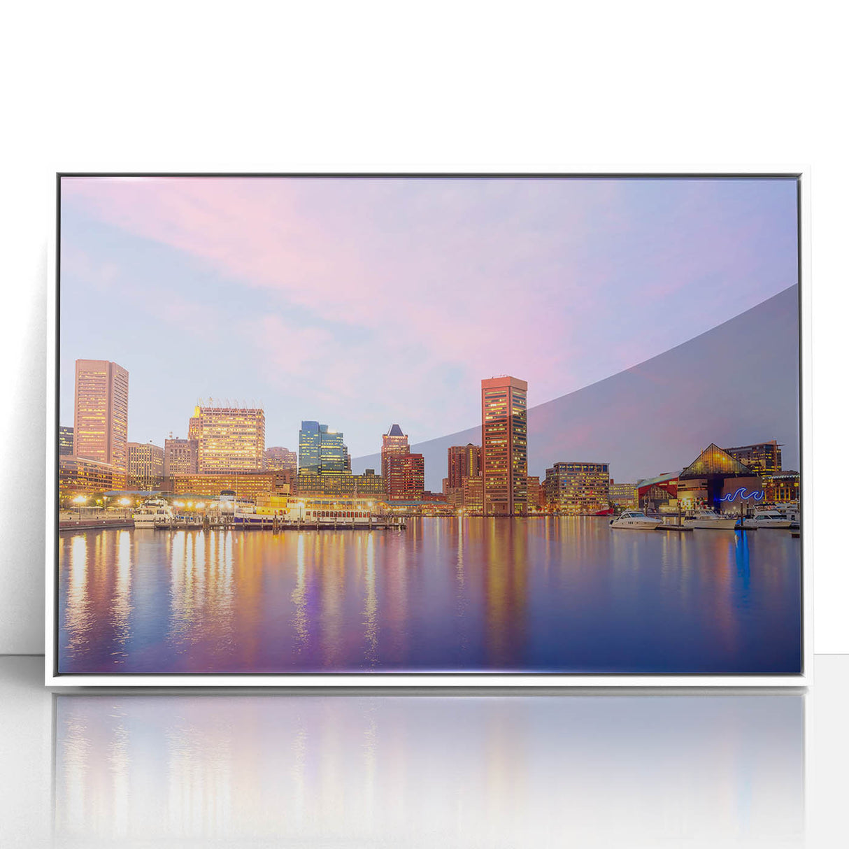 Art Deco-style Baltimore skyline poster in muted gray and blue tones on framed acrylic.