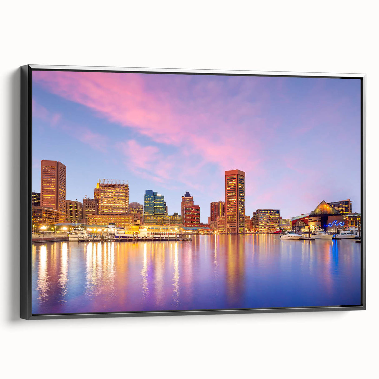 Black and white framed canvas of the Baltimore skyline, ideal for bedroom wall art.