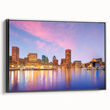 Black and white framed canvas of the Baltimore skyline, ideal for bedroom wall art.