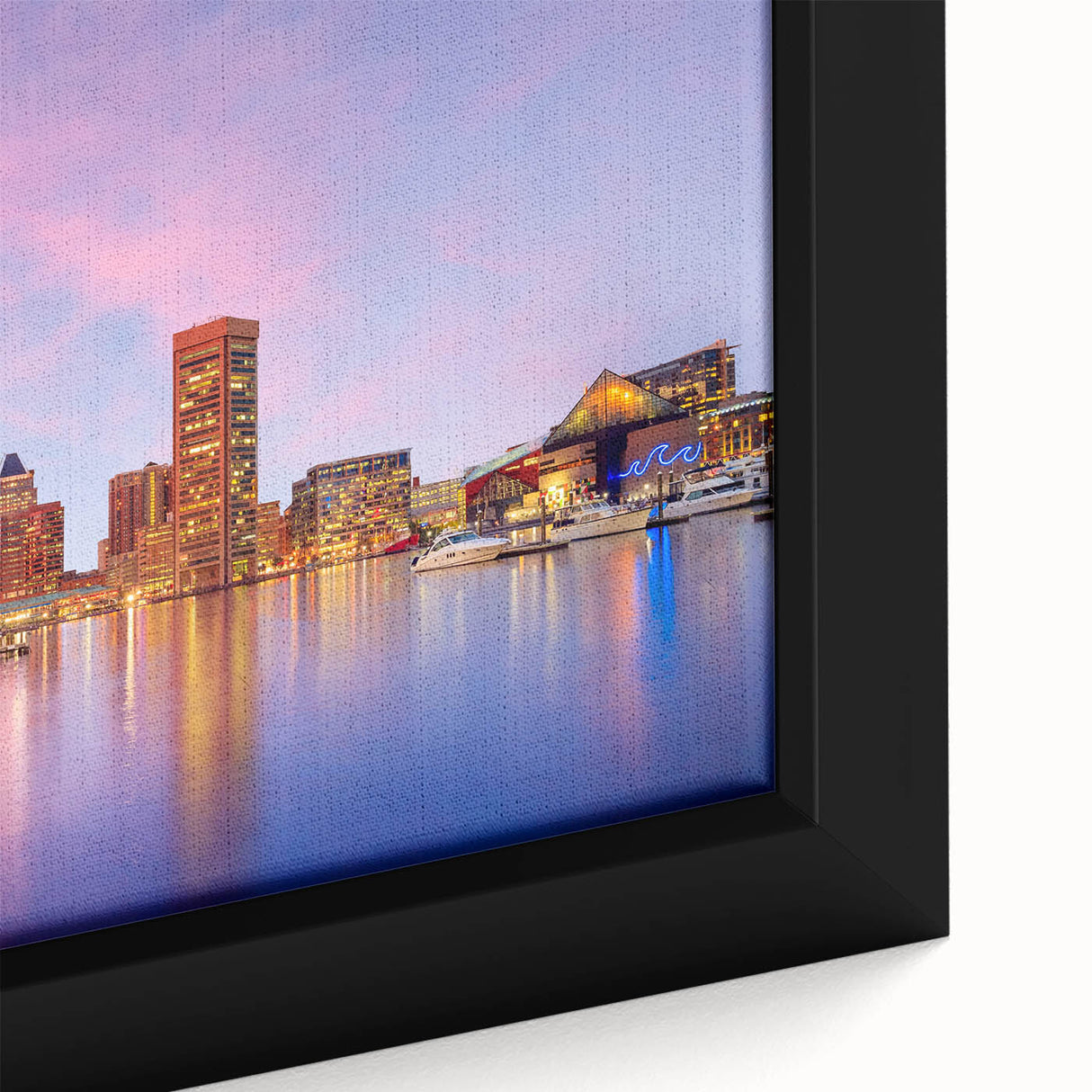 Extra large framed canvas featuring a textured depiction of Baltimore's skyline in black with colorful accents.