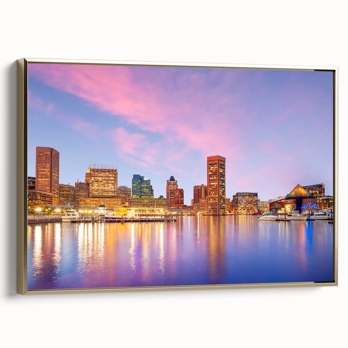 Framed canvas of Baltimore landscape in vintage poster style with black and gold tones, suitable for bedroom decor.