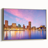 Framed canvas of Baltimore landscape in vintage poster style with black and gold tones, suitable for bedroom decor.