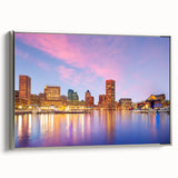 Framed canvas of Baltimore landscape art painting with a silver frame, featuring muted gray and colorful accents.