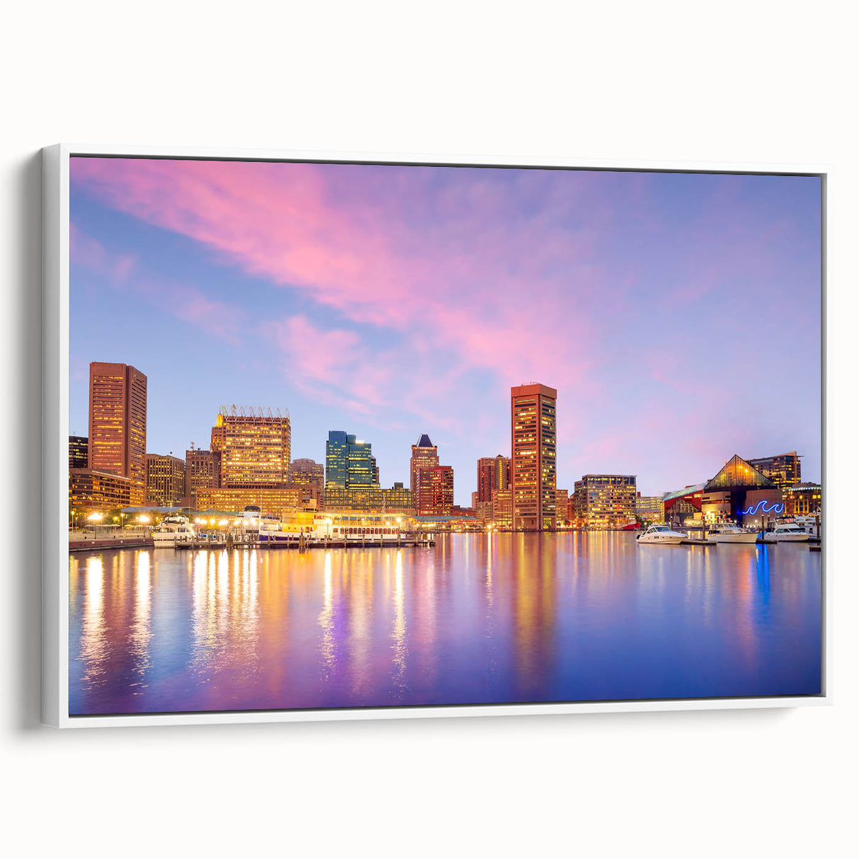 Vintage poster art of Baltimore skyline in vibrant colors on a large framed canvas, ideal for living room decor.