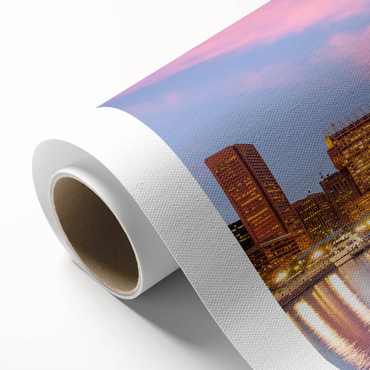 Art Deco style poster of Baltimore skyline in pastel hues on rolled canvas, ideal for nursery wall art.