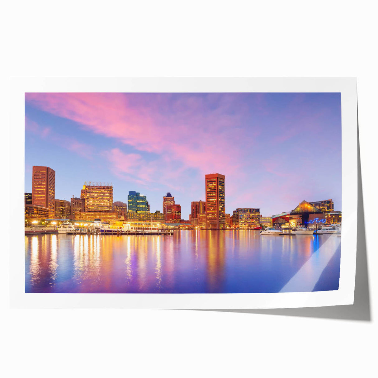 Extra large rolled print of Baltimore skyline featuring soft floral patterns and pastel colors.