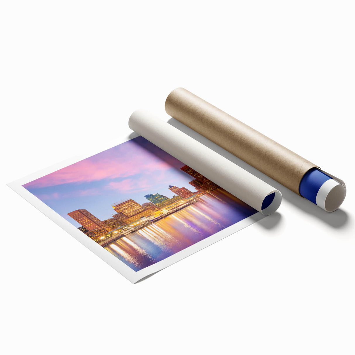 Extra large rolled print of Baltimore skyline with floral motifs in soft pastel colors, ideal for classy bathroom wall art.