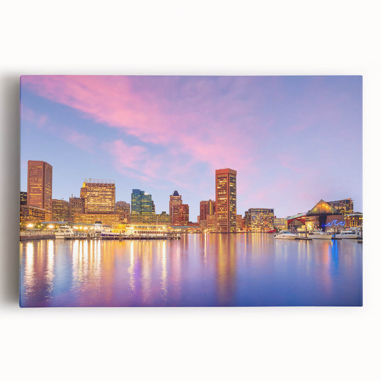 Black and white panoramic photo of Baltimore skyline on large stretched canvas, suitable for kitchen art.