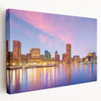 Large art depicting the Baltimore skyline in muted blue and gray tones on stretched canvas, ideal for kitchen wall art.