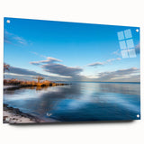 Acrylic print of Chesapeake Bay with muted blue and green tones, suitable for dining room decor.