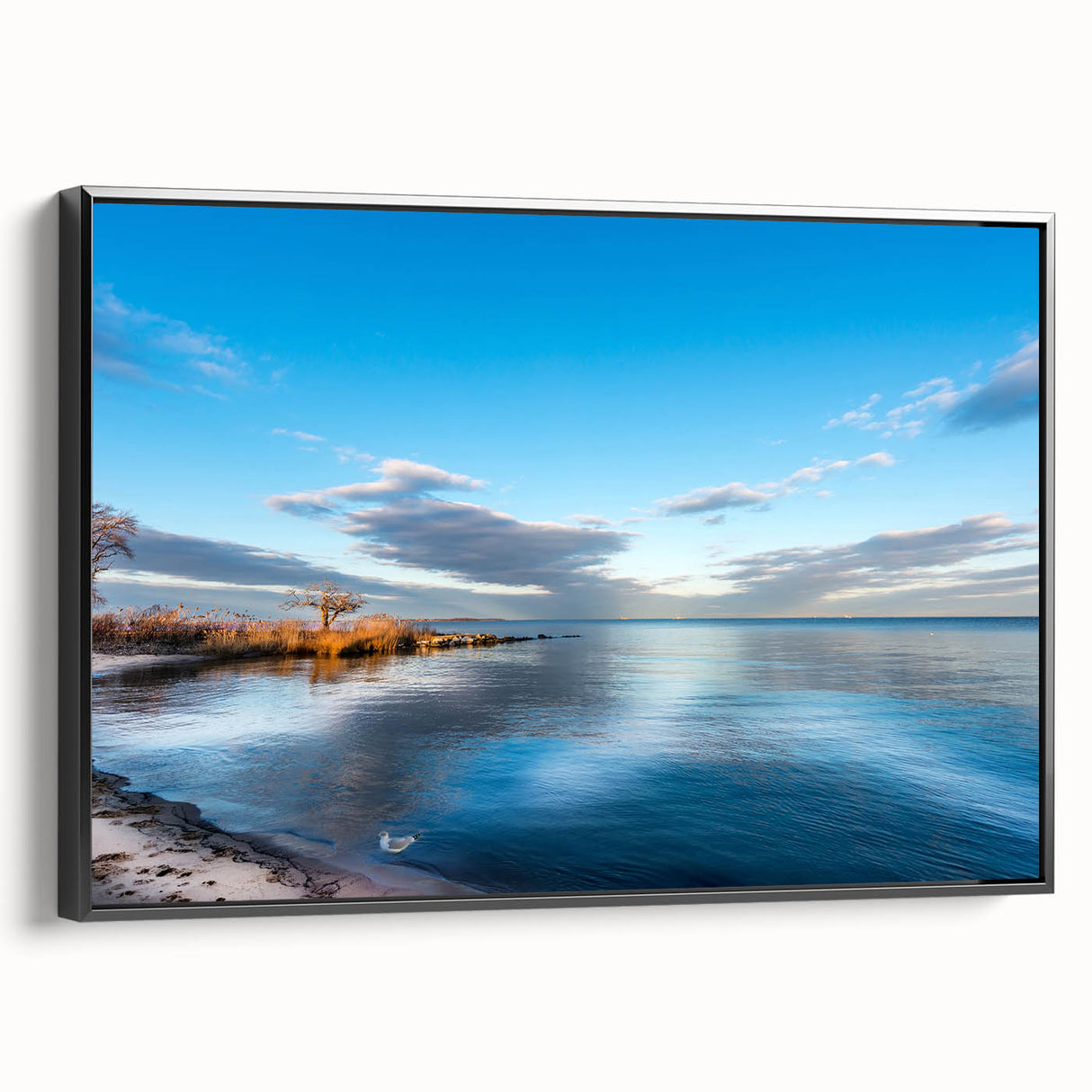 Framed canvas of a black and white Chesapeake Bay landscape, vintage poster style, ideal for bedroom decor.