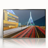 Mid-century modernist art of Boston skyline in muted blue tones on a framed acrylic, suitable for modern art wall decor.