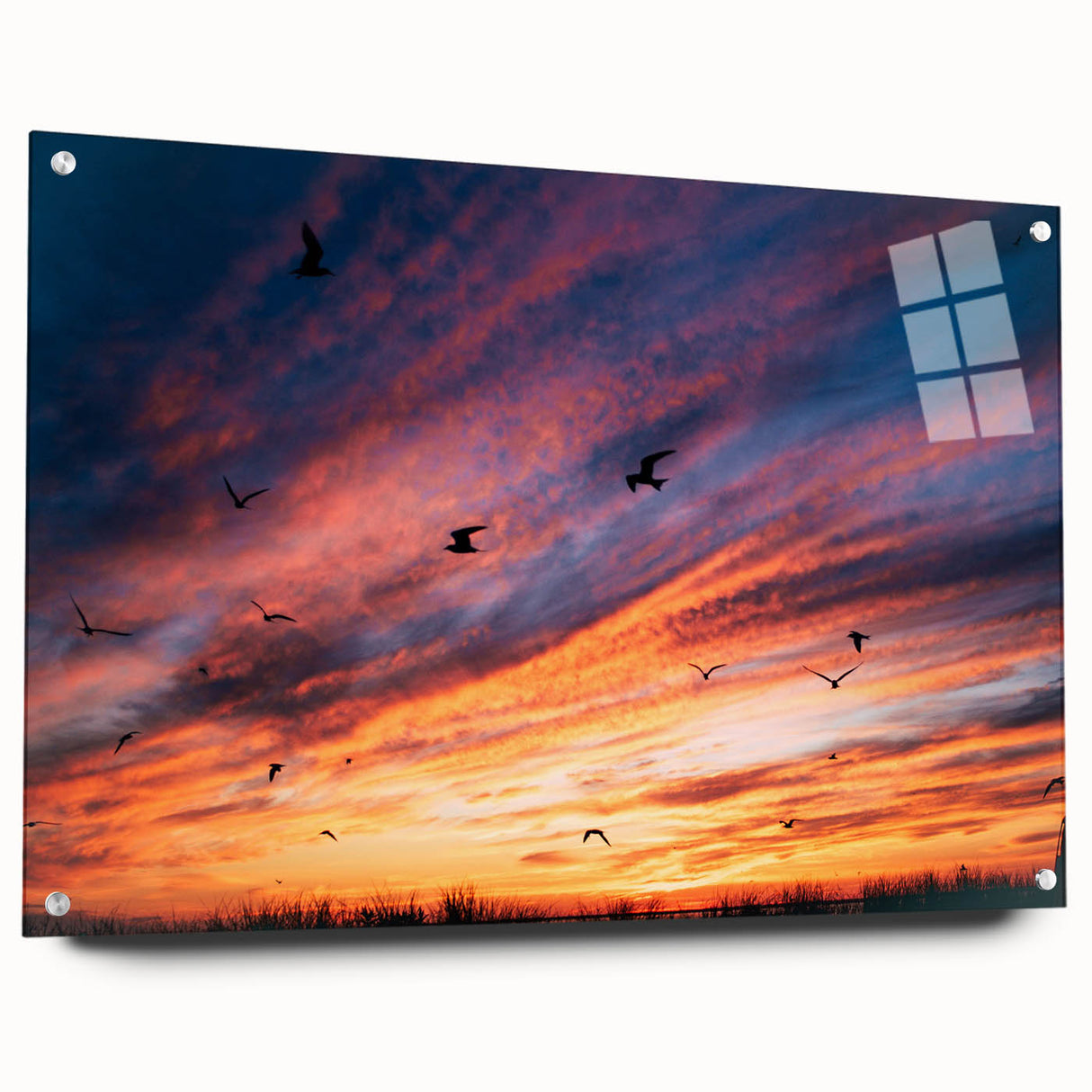 Acrylic print of a Nantucket landscape featuring muted blues and greens, ideal for dining room decor.