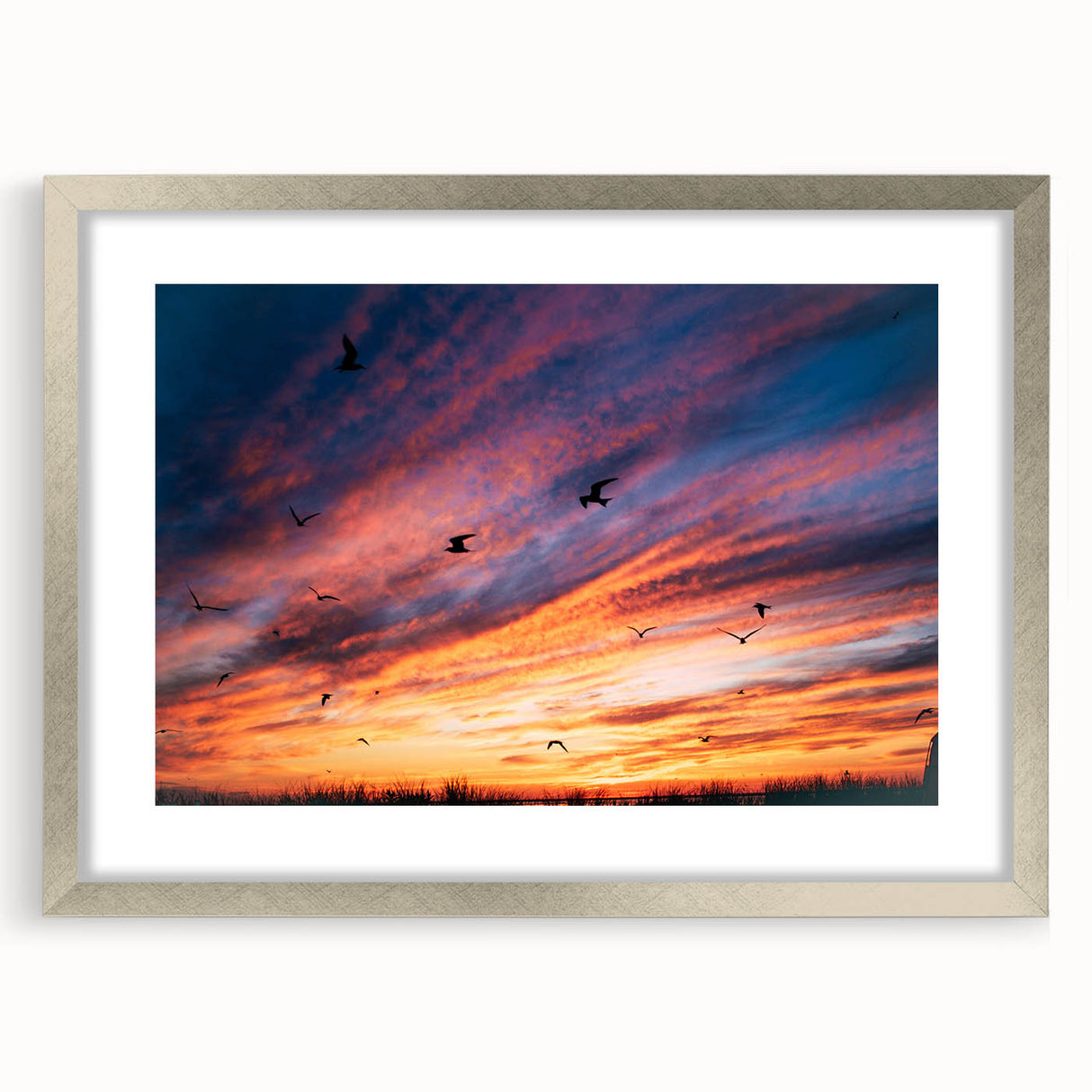 Textured abstract art print of a serene Nantucket landscape in muted blue and gray tones, framed in silver.