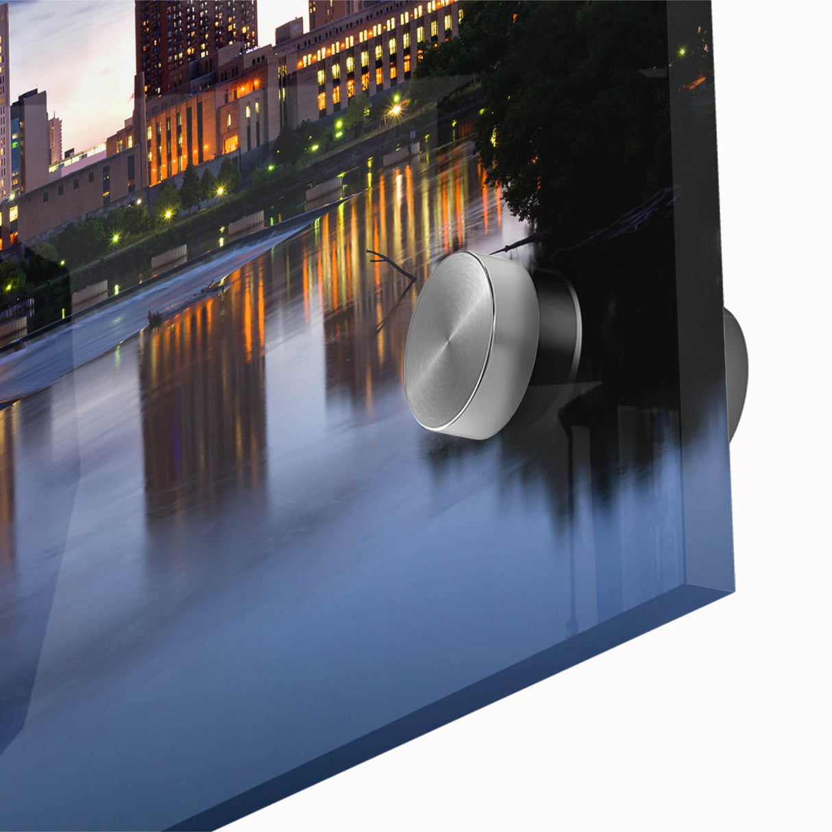 Large abstract wall art of Minneapolis skyline in muted colors on acrylic glass, ideal for dining room art.