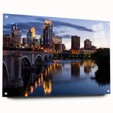 Acrylic print of Minneapolis skyline in muted blue and gray tones, suitable for bedroom or dining room decor.