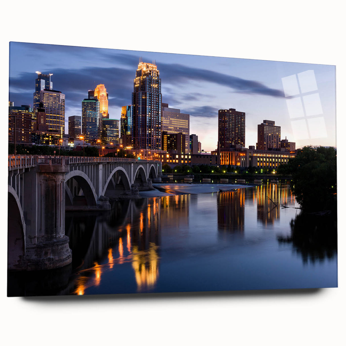 Acrylic print of large abstract Minneapolis skyline in cool blue and gray tones, ideal for bedroom or dining room art.