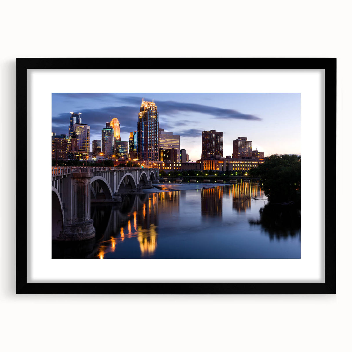 Abstract art print of Minneapolis skyline in vibrant colors on a large, textured canvas, ideal for living room decor.