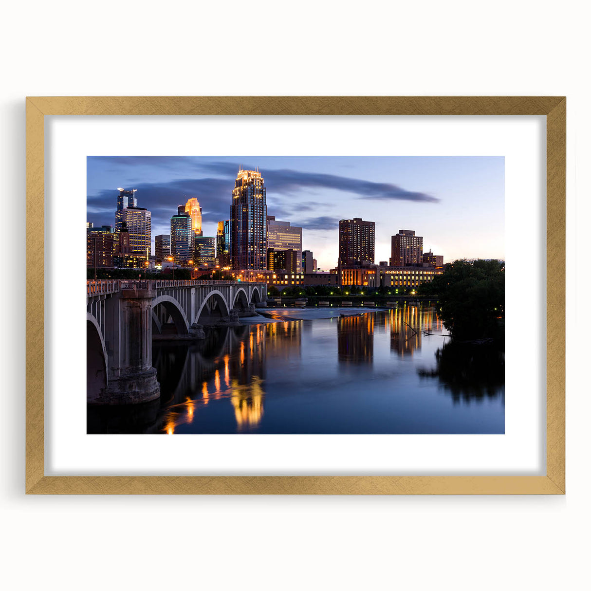 Abstract art print of Minneapolis skyline in textured gold frame, ideal for extra large wall art in a living room.