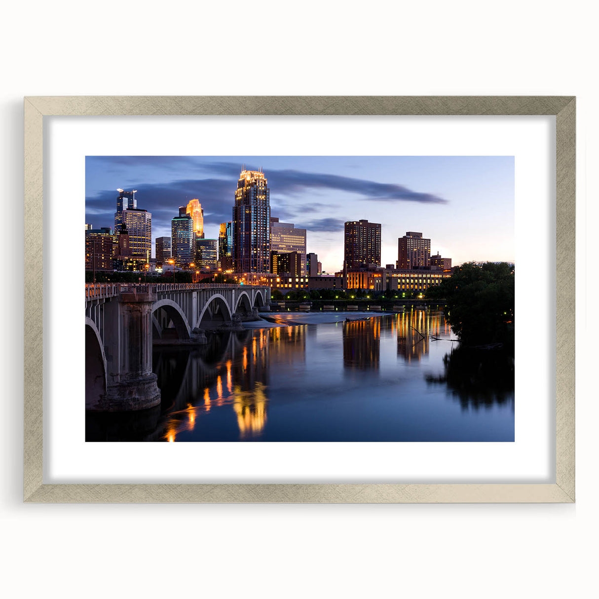 Textured abstract art print of Minneapolis skyline in muted gray and silver tones, framed with a mat.
