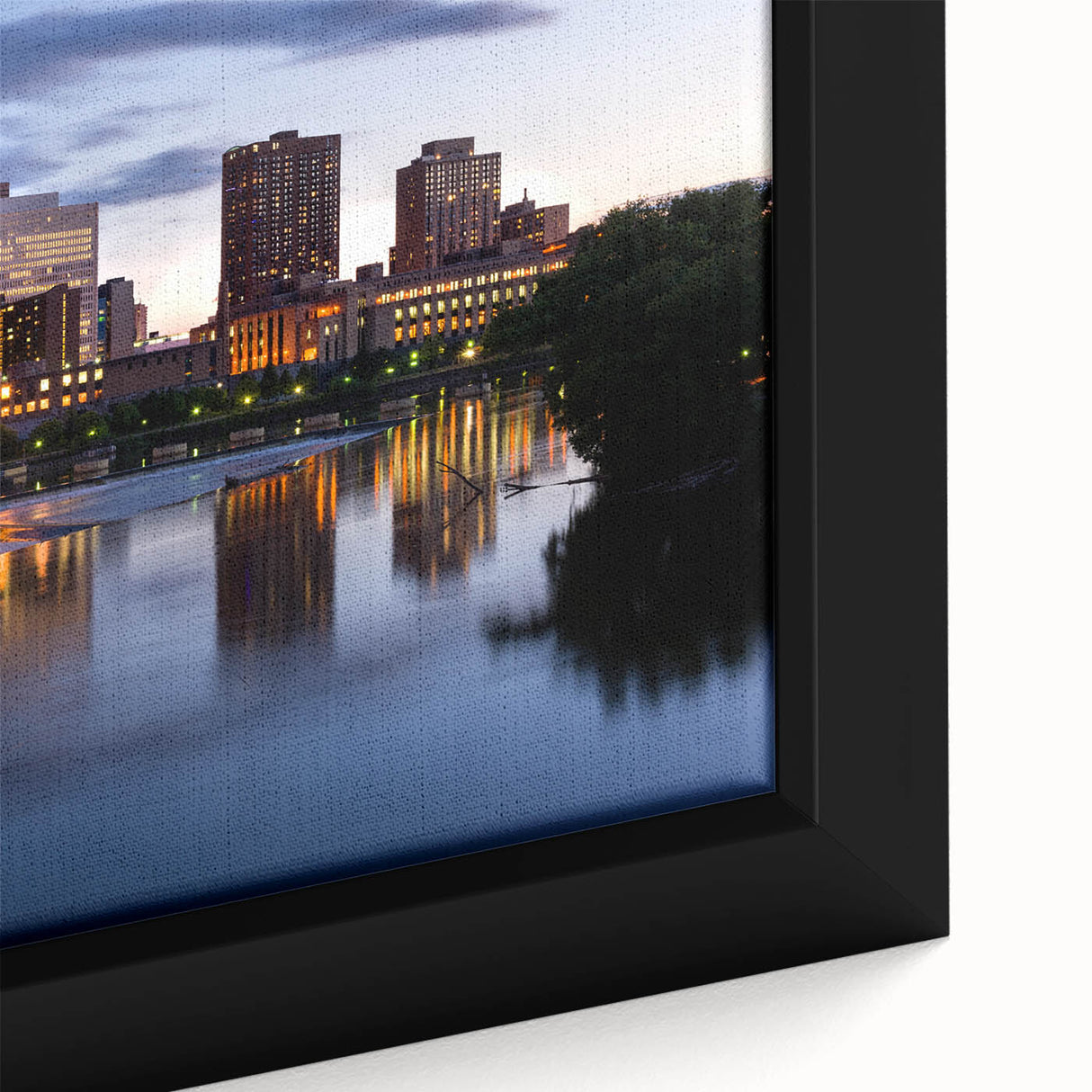 Extra large framed canvas of Minneapolis skyline in black with colorful, textured brush strokes, ideal for living room decor.