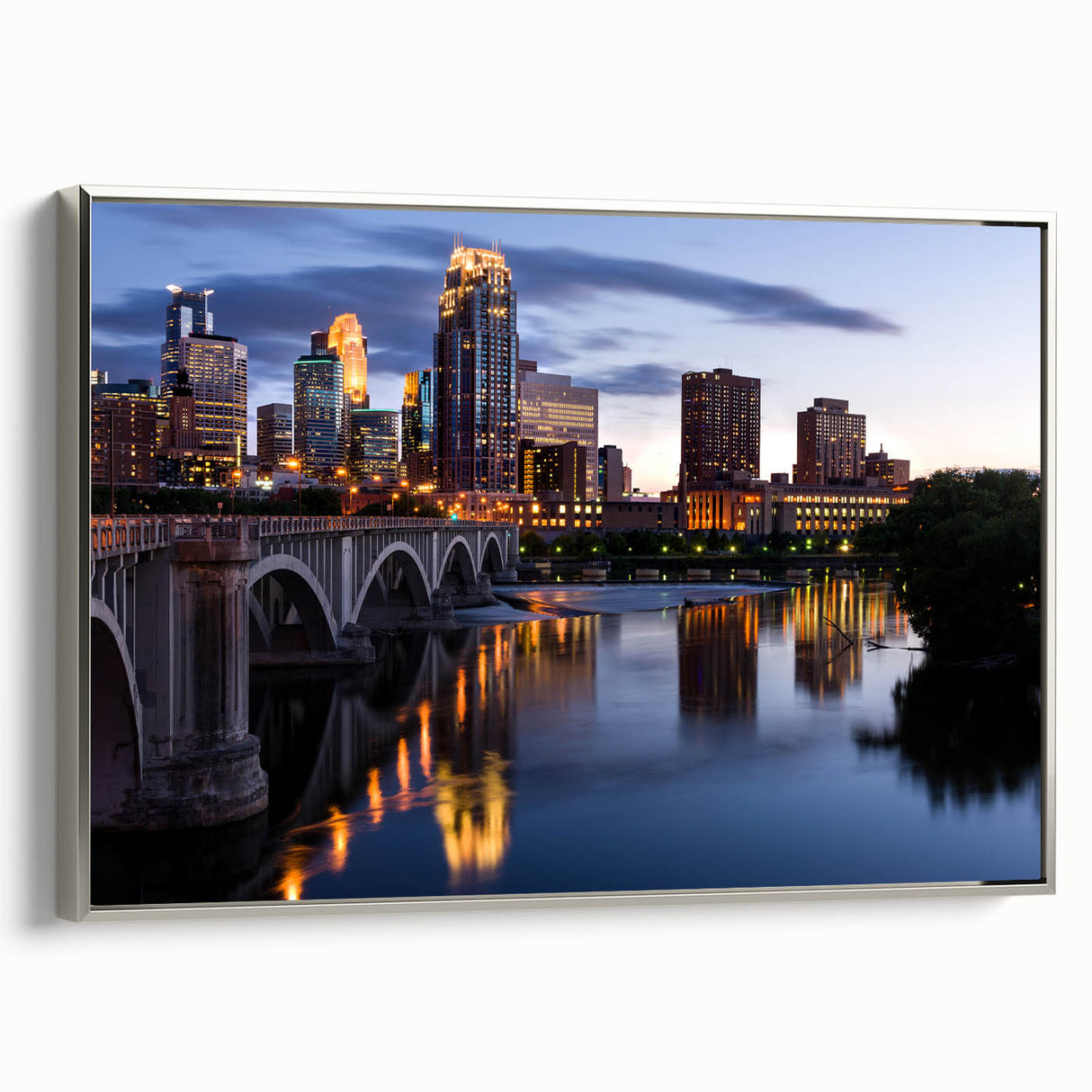 Framed canvas landscape art painting featuring a colorful Minneapolis skyline, ideal for modern living room decor.