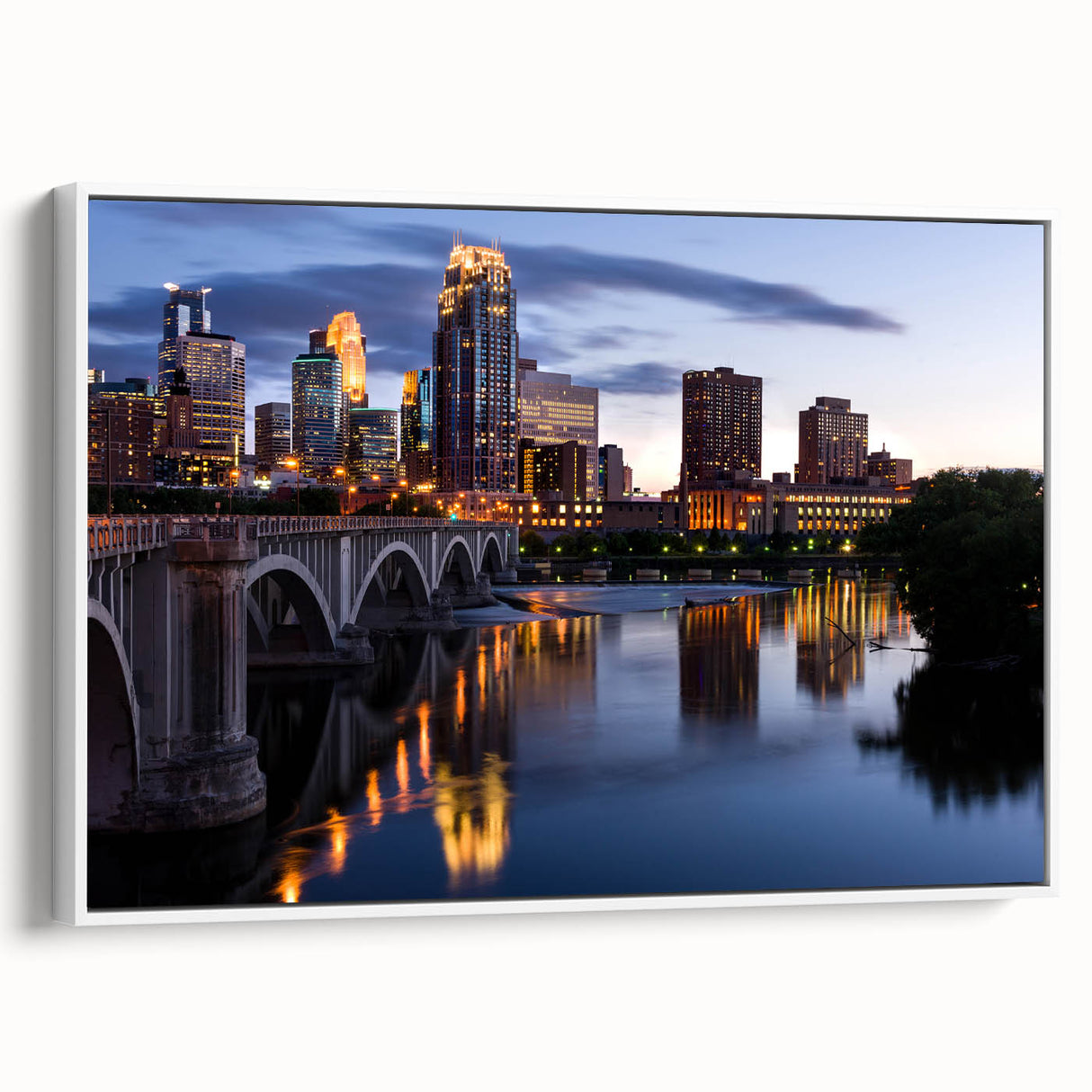 Framed canvas of vintage poster art featuring a colorful Minneapolis skyline, ideal for living room decor.