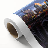 Art Deco style poster of Minneapolis skyline in pastel colors on rolled canvas, ideal for nursery wall art.