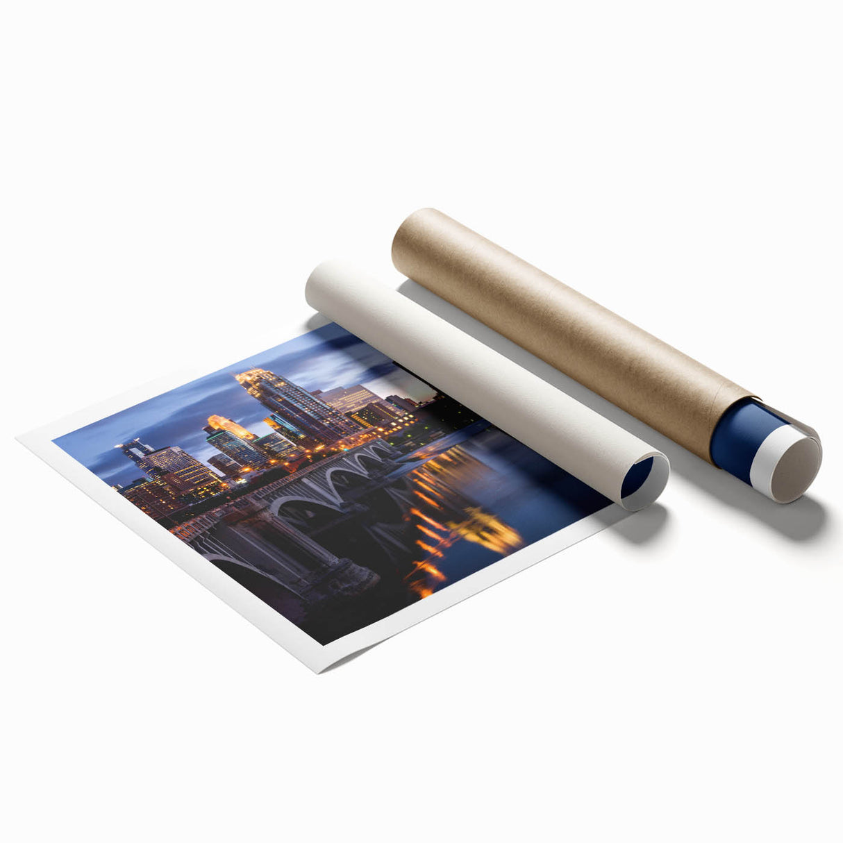 Extra large rolled print of Minneapolis skyline in muted blue tones, ideal for classy bathroom wall art.