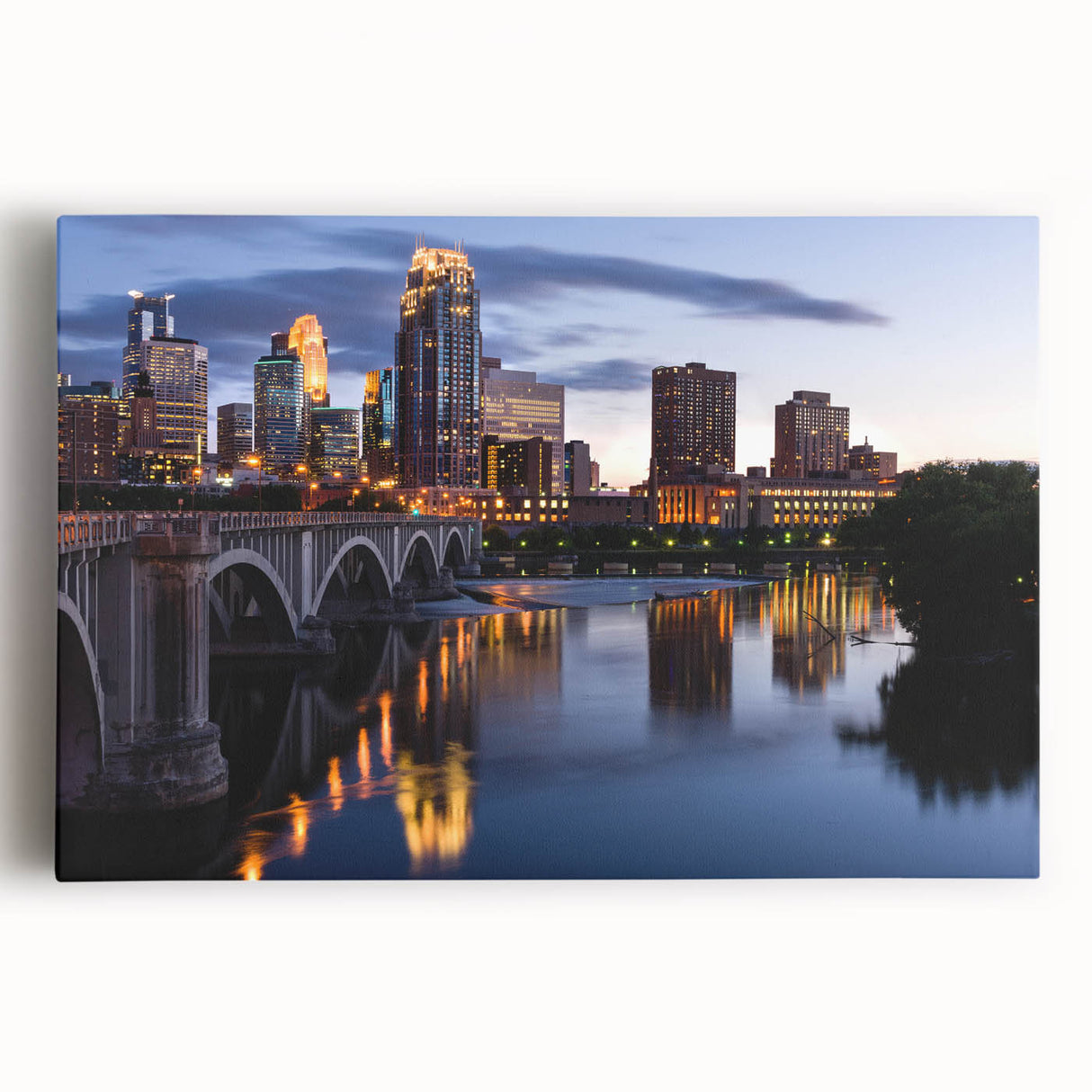 Black and white stretched canvas of Minneapolis skyline, ideal for kitchen wall art.
