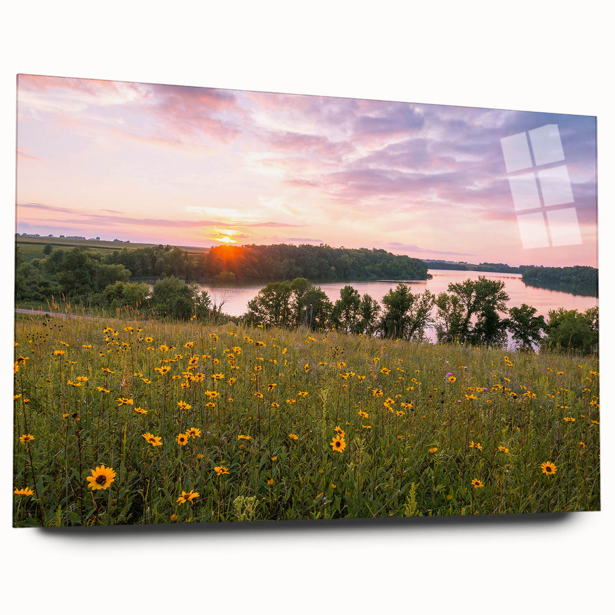 Large abstract depiction of Minnesota scenery on acrylic glass, featuring earthy green and blue tones.