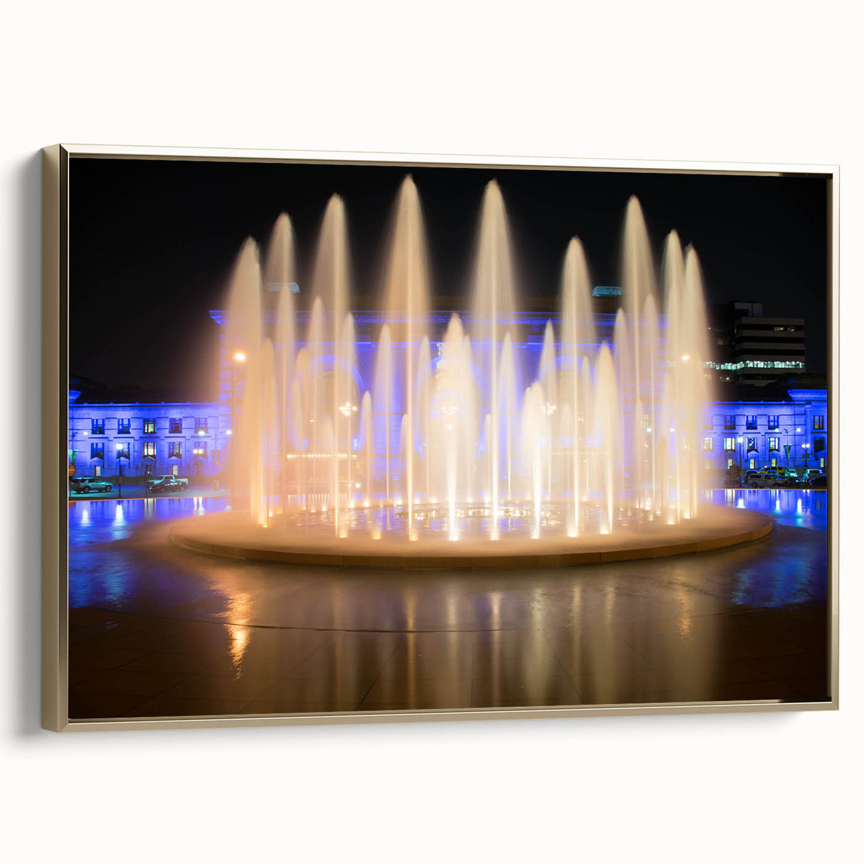 Framed canvas wall art featuring a vintage-style landscape of Kansas City, Missouri, with gold and black tones.