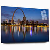 Acrylic print of St. Louis skyline in muted blue tones, ideal for bedroom or dining room art.