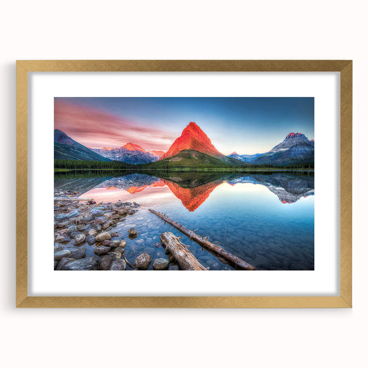 Extra large abstract art print of Glacier National Park in textured tones of blue and white, framed in gold.