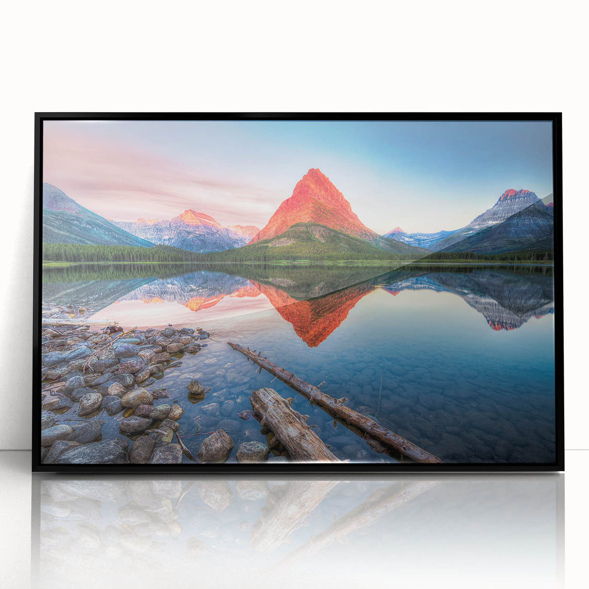 Large abstract wall art depicting Montana's Glacier National Park in muted earth tones on framed acrylic.