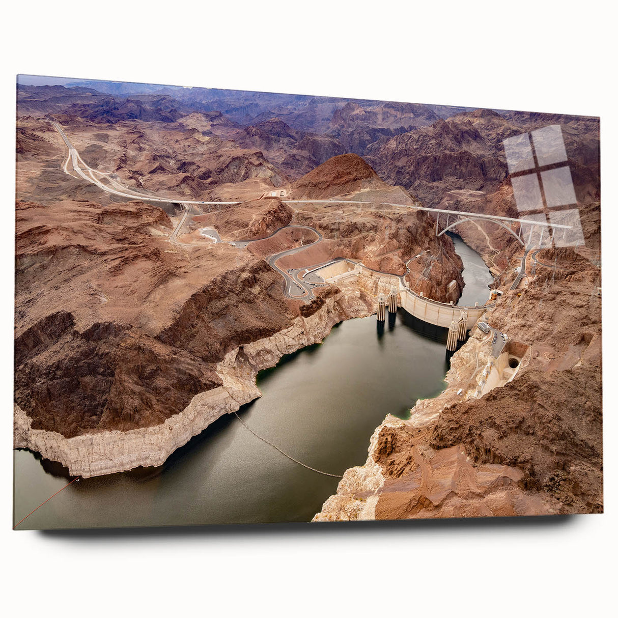 Side view of Hoover Dam in muted earth tones on large acrylic glass, ideal for bedroom or dining room art.