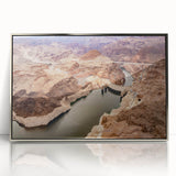Mid-century modernist art of Hoover Dam in muted gray and blue tones on a silver-framed acrylic print.