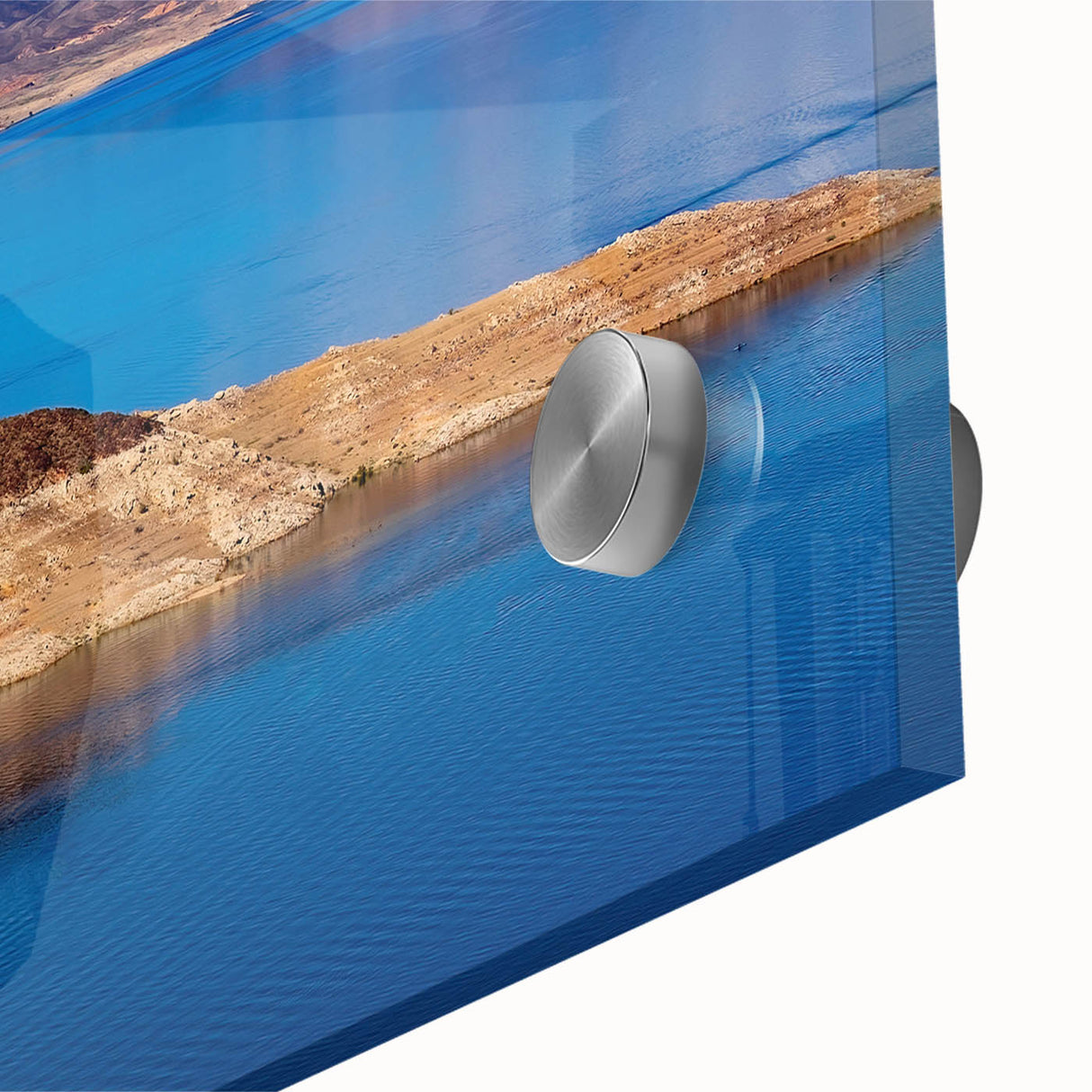 Large abstract depiction of Lake Mead in muted earth tones on acrylic glass, suitable for dining room art.