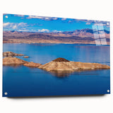 Acrylic print of Lake Mead with vivid blue and turquoise hues, ideal for modern dining room decor.