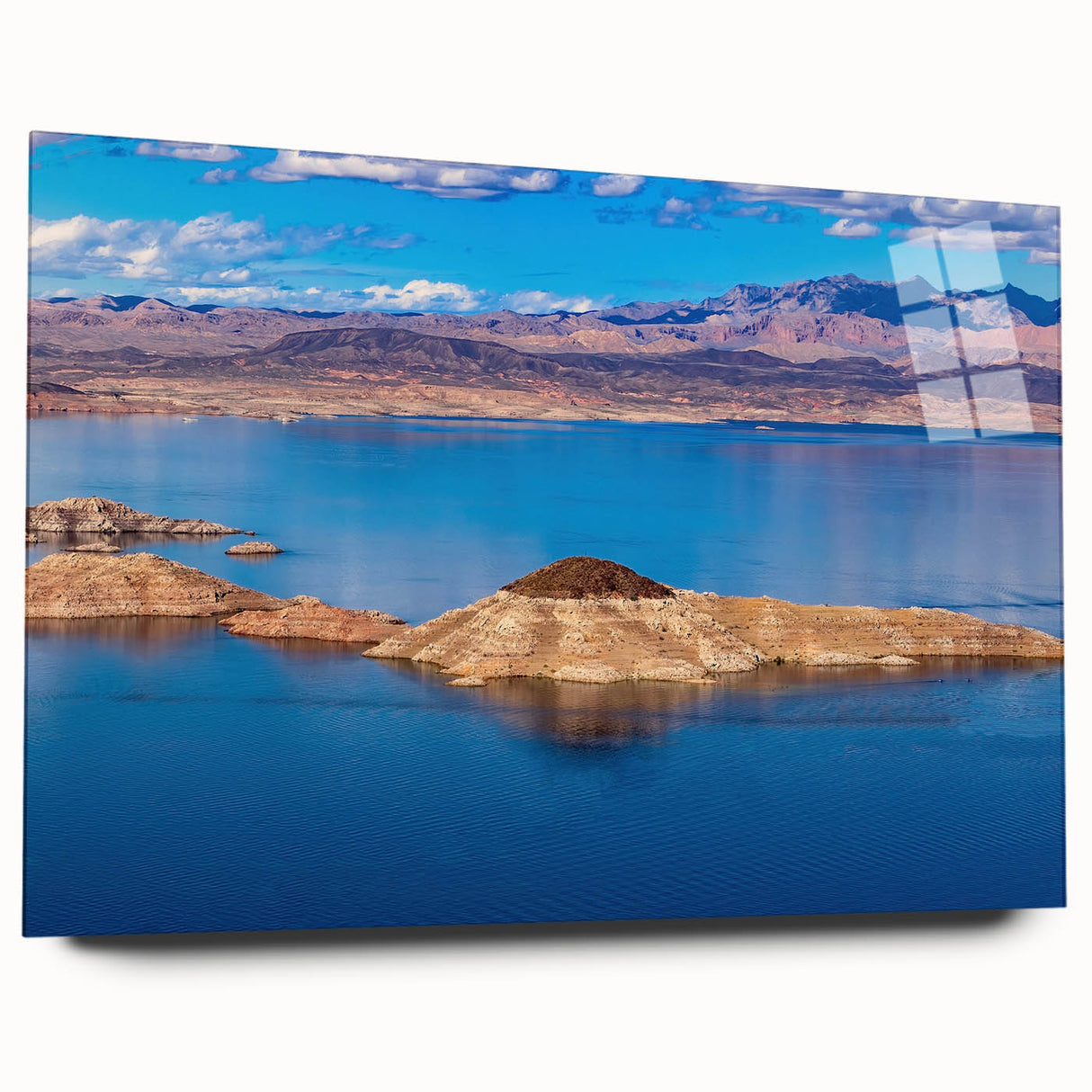 Acrylic print of Lake Mead with vivid blue and tan shades, suitable for bedroom or dining room decor.