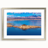 Textured abstract art print of Lake Mead, Nevada, in muted blues and greens, framed in silver, ideal for bedroom art.