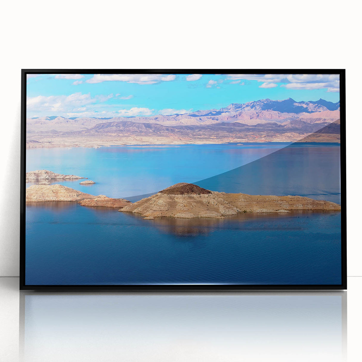 Large abstract wall art depicting Lake Mead, Nevada in muted blues and grays, framed in black acrylic.