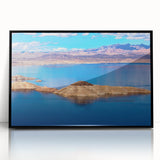 Large abstract wall art depicting Lake Mead, Nevada in muted blues and grays, framed in black acrylic.