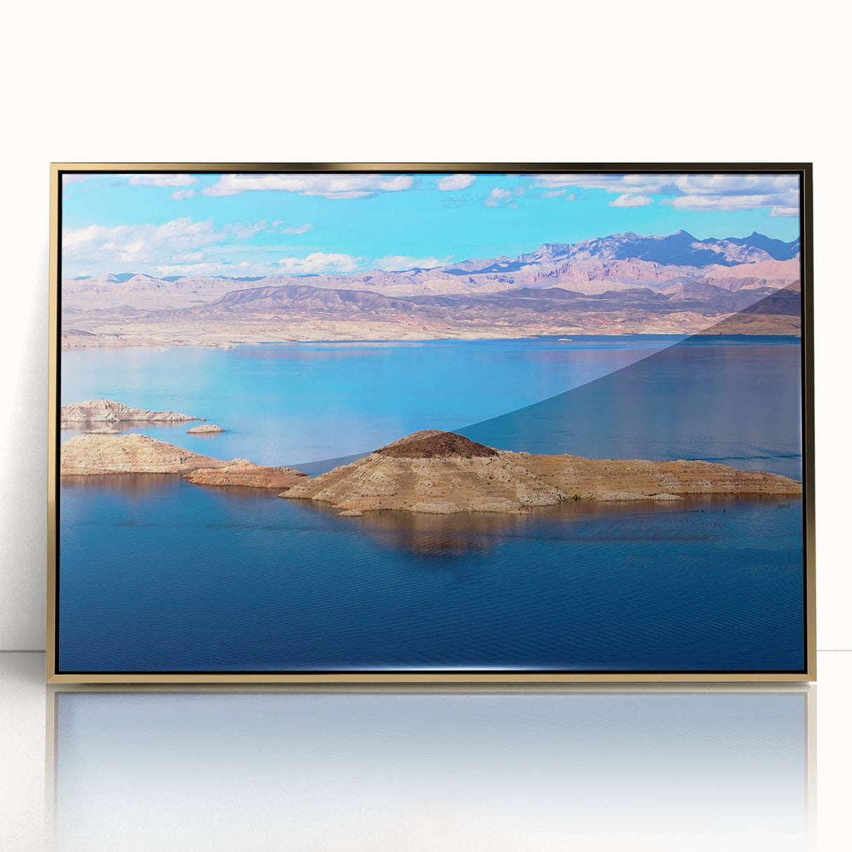 Mid-century modernist art of Lake Mead, Nevada, featuring muted earth tones on a framed acrylic print.