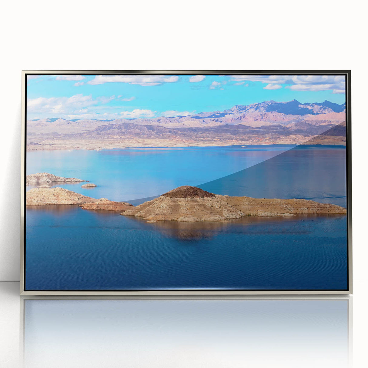 Mid-century modernist art depicting Lake Mead, Nevada, in muted blue and silver tones on a framed acrylic panel.