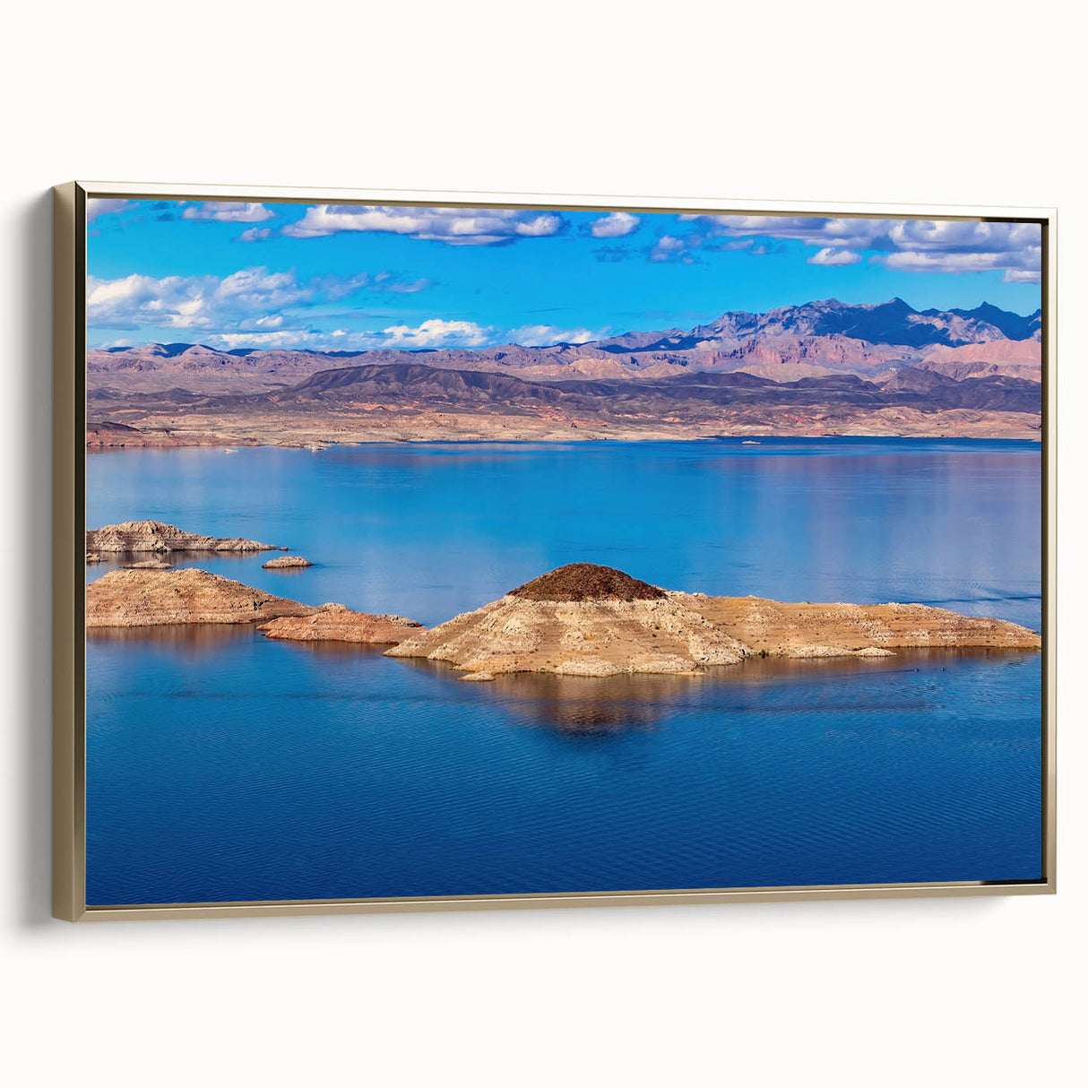 Framed canvas wall art depicting Lake Mead, Nevada, in muted earth tones, ideal for bedroom decor.