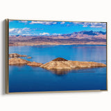 Framed canvas wall art depicting Lake Mead, Nevada, in muted earth tones, ideal for bedroom decor.