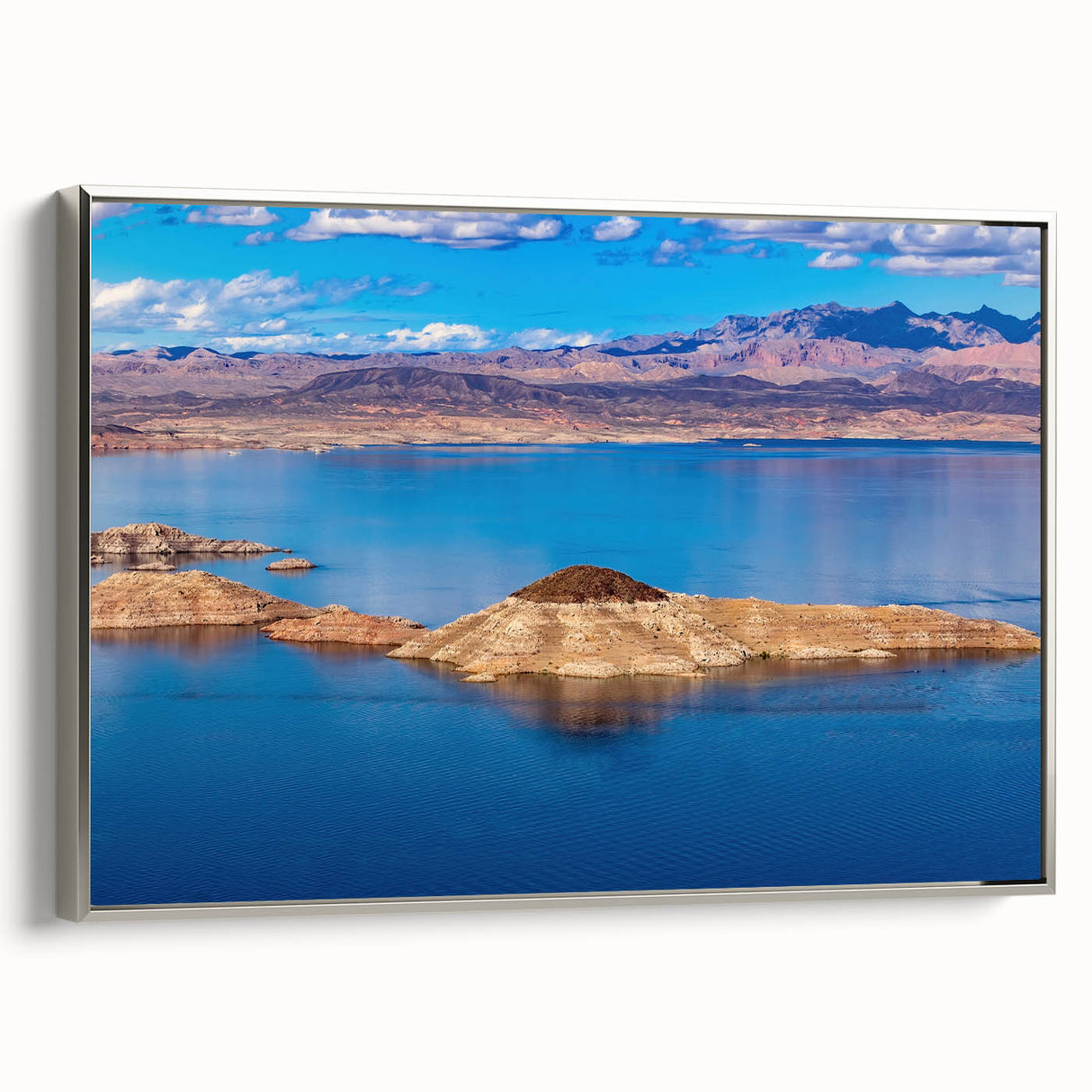 Landscape art painting of Lake Mead with vibrant blue and green tones on a framed canvas, suitable for living room decor.