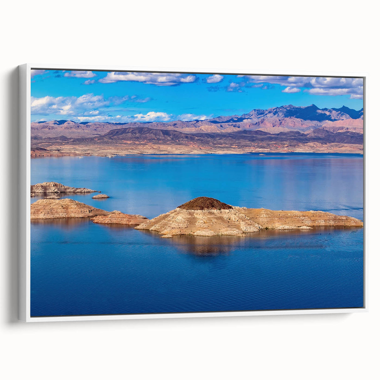 Vintage poster art of Lake Mead, Nevada, featuring colorful art on a white-framed canvas, ideal for living room decor.