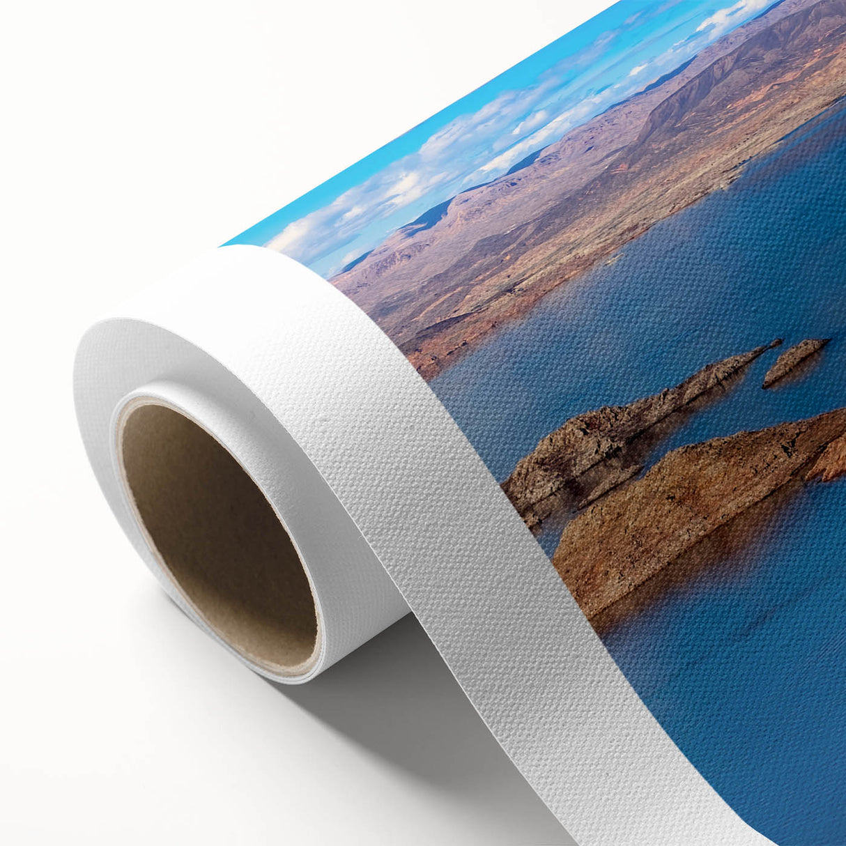 Art Deco-style poster of Lake Mead with cool blue and teal tones on rolled canvas, ideal for nursery wall art.